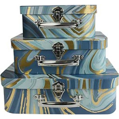 Emartbuy Set of 3 Rigid Suitcase Gift Box, Blue Gold Marble with Handle and Clasp