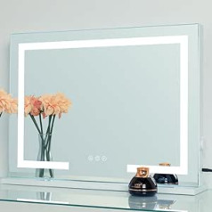2 FNS Holivudas kosmētikas spogulis ar spilgtu LED fona apgaismojumu, 3 krāsu apgaismojuma režīmi un viedās skārienvadības ekrāns, tualetes spogulis ar USB uzlādes pieslēgvietu, 58 cm x 46 cm ģērbtuvei