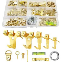162 Heavy Duty Picture Hooks for Hard Walls, Picture Hanging Kit with Wire, Sawtooth D Ring, Nails with Screws for Mirrors, Picture Frames, Decor and Paintings (Gold)
