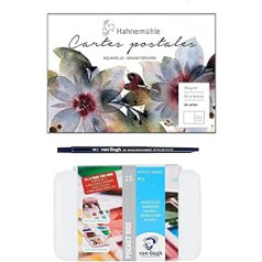 Van Gogh Watercolour Painting Box, 15 Half Bowls & Brush + Hahnemühle Watercolour Postcard Pad 10.5 x 14.8 cm