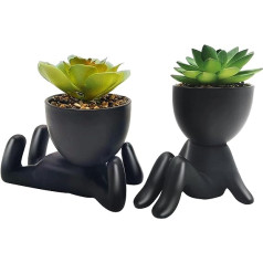 2 Pieces Cute Artificial Succulent Plants Small Artificial Plants with Black Human Ceramic Pots, Mini Artificial Plant for Desk Office Shelf Home Bathroom Decoration