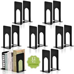 DYDHRER 6 Pairs of Bookends, Metal Bookends, High-Quality Book Holder, Bookend Black, Non-Slip Book Holder Shelf for Children, School, Home and Library, Black, 12 Pieces (70 x 100 x 130 mm)