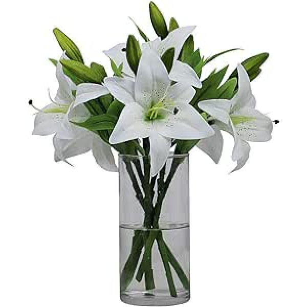 Omygarden Pack of 6 White Artificial Lilies, Artificial Plastic Lily, Home Office Garden Wedding Party Easter Day Decoration, Without Vase