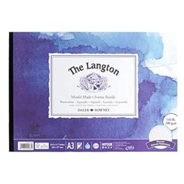 Daler-Rowney The Langton Rough Aquarellpapierblock, 300 g/m², A3, einseitig geklebt, säurefrei, 12 naturweiße Blätter, ideal für professionelle Künstler