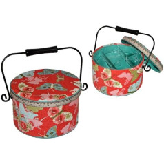 2-Piece Sewing Basket Large Round with Metal Handle Butterflies Red Fabric Sewing Box Multi-Coloured