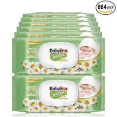 Babylino Sensitive tīrīšanas salvetes jaundzimušajiem, 0% aromāts, 98% dabiska formula, kas atjauno ādas pH līmeni, 16 iepakojumi ar svaigu drānu, 864 salvetes