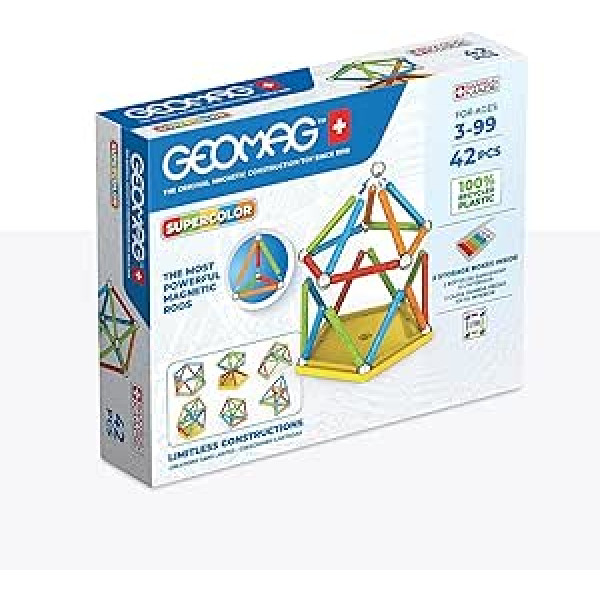 Geomag, Supercolor pārstrādātas magnētiskās konstrukcijas, krāsaini stieņi un paneļi, 42 gabalu iepakojums, 100% pārstrādāta plastmasa