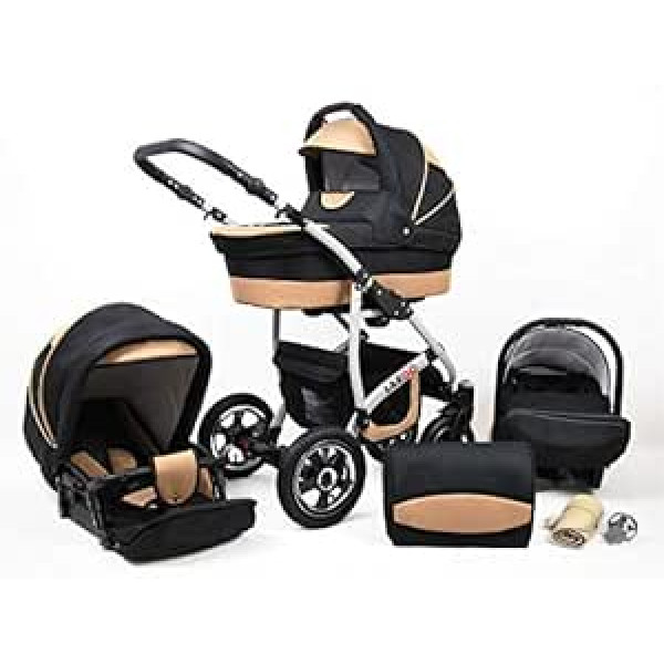 SaintBaby 3-in-1 Isofix 2-in-1 bērnu ratiņi DIN EN 1888 grozāmās pneimatiskās riepas Jaunas L-GO melns un bēšs 3-in-1 ar bērnu sēdeklīti