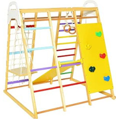 COSTWAY Kids 8 in 1 Climbing Set with Gym Rings Climbing Slide Climbing Net Swing Playground Wooden Kids Playground (Colorful)