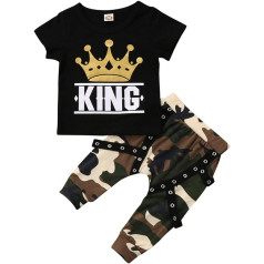 Legendeiu Toddler Baby Boys 2 daļīgs apģērba komplekts Baby Equipment King ar īsām piedurknēm melns T-krekls + Camo Bikses Apģērbi Topi Komplekts