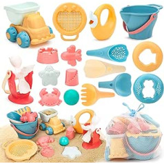 Beach sand toy set for children, with a water wheel, beach buggy, bucket, mesh bag, sand moulds, soft, plastic beach toys for boys, girls, 17 pieces