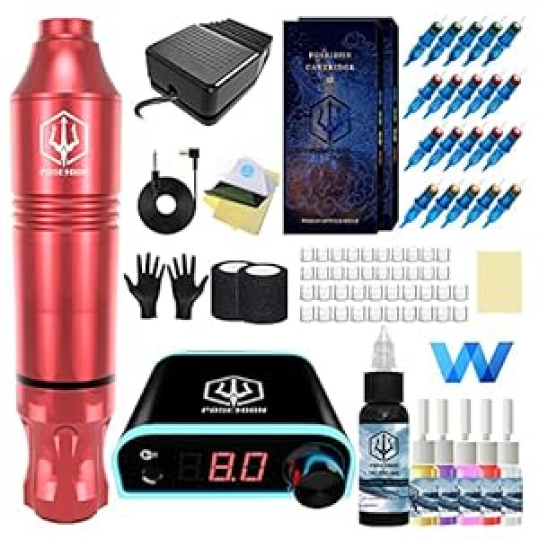 Tetovēšanas komplekts Poseidon Rotary Tattoo Pen Kit iesācējiem Tetovēšanas mašīnas komplekts ar barošanas bloku un 20 gabaliem tetovēšanas kasetņu adatām, 6 krāsu tetovēšanas tintes ar pēdas pedāļa tetovēšanas pistoli māksliniekiem 