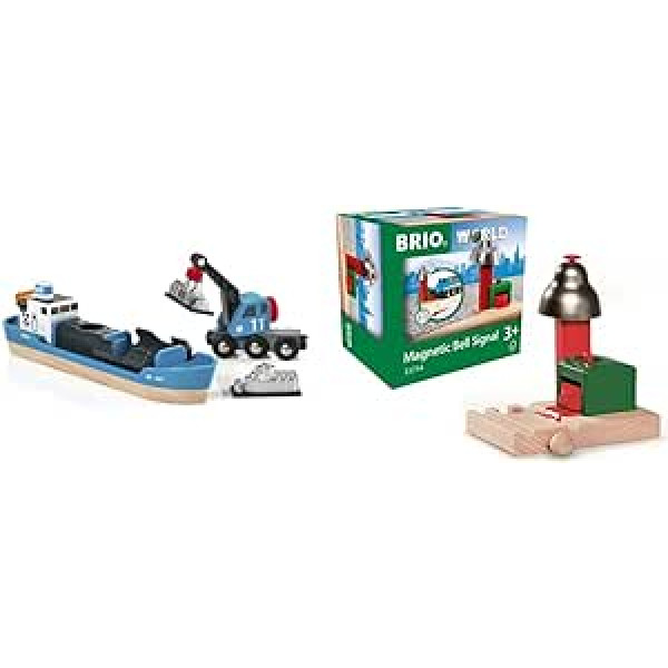 BRIO Bahn 33534 - Container Ship with Crane Truck & World 33754 Magnetic Bell Signal - Railway Accessories Wooden Train - Toddler Toy Recommended for Children from 3 Years