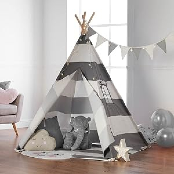 House Project Kids Tipi telšu komplekts ar piederumiem, gaismekļiem, ķekatām, glabāšanas somu un grīdas paklājiņu — bērnu istabas rotaļu telts, 100% kokvilnas tējkanna iekštelpām/āram (160 cm garš)