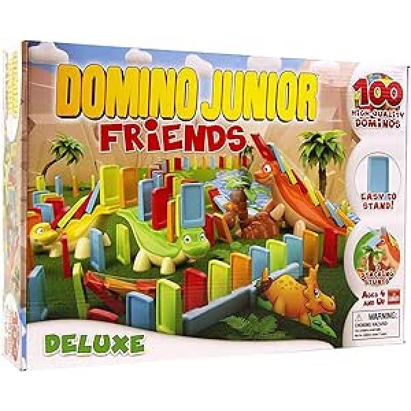 Goliath 81018 Domino Junior Dino Friends Domino komplekts jūsu pašu domino dienai, aizraujoši Dino piedzīvojumi ar īpaši lieliem domino kauliņiem, celtniecības palīglīdzekļi un daudzi aksesuāri no 2 gadiem