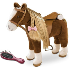 Götz 3402375 Brown Beauty Styling Horse (augstums: 37 cm) - brūns plīša zirgs, augstums apm. 52 cm stāvošām lellēm - ar segliem, bridēm un piknika segu