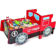 Hape uzbraucams motorgalds, koka sliežu ceļa rotaļu komplekts ar motoru, noliekams galds, skaņas un gaismas, aksesuāri, no 3 gadiem, E3769