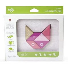 TEGU 5700703 Travel Pals Kitty Cat Magnētiski koka celtniecības bloki, koka rotaļu komplekts ceļojumiem, 6 gabali, daudzkrāsains