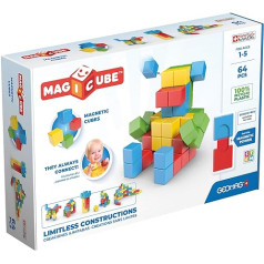 Geomag — Magicube 1+ pilnkrāsu — magnētiskie kauliņi bērniem — 4 krāsas — 64 bloki — 100% pārstrādāta plastmasa