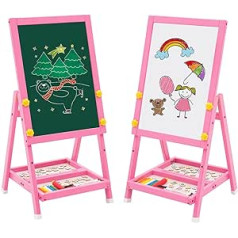Bērnu koka tāfele, mini rozā, abpusēja mākslas molberta tāfele un dēlis, bērnu molberts ar cipariem un citi piederumi bērniem un maziem bērniem