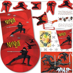 HHO Ninja ballīšu komplekts Ninja dekorācijas komplekts 45 gab. 6 viesiem: šķīvji, krūzes, salvetes, galdauts, ielūgums, ķekars, konfeti