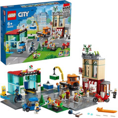 LEGO City 60292 Town Center celtniecības komplekts ar rotaļu motociklu, velosipēdu, kravas automašīnu, ceļa plāksnēm un 8 mini figūriņām.