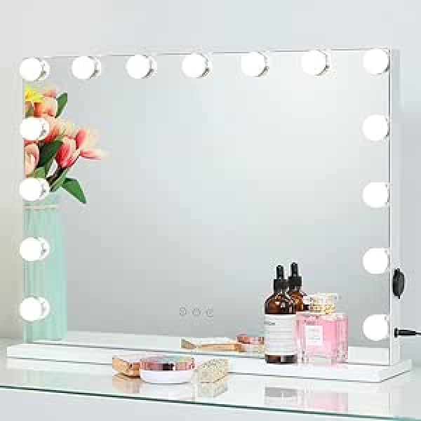 2-Fns Hollywood Make-Up Mirror with 15 LED Lights, Illuminated Touchscreen Cosmetic Mirror with Lighting, 3 Colour Modifications, Adjustable Brightness, with USB, Table Top or Wall Mount