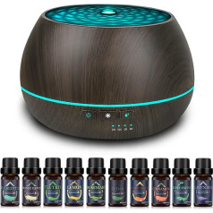 500 ml Aroma Diffuser for Essential Oils, Contains 10 Essential Oils, 23 dB Silent Fragrance Oil Diffuser with 7 Colour Lights, BPA-Free, 4 Timers, Automatic Shut-Off