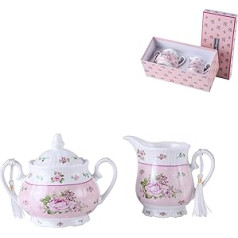 London Boutique Porcelāna tējkannu komplekti Tējkannas cukura bļoda un krējuma piena krūze Shabby Chic Vintage Floral dāvanu kastītē (krēms un cukura komplekts rozā rozā)