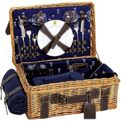 Les Jardins de la Comtesse - Picnic Wicker and Leather Champs-Elysees Blue - Picnic Basket Full / 2 People - Insulated Compartment - Plate Ceramic and Wine Glasses - 48 x 33 x 21 cm