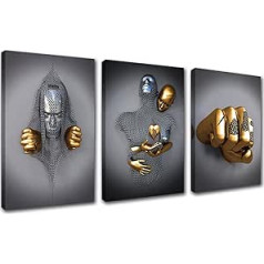 3 Pieces Love Heart 3D Wall Art Abstract Metal Figure Sculpture Canvas Painting Hanging Grey Gold Fist Picture for Bathroom Decor Canvas Home Style Ready to Hang 106 cm W x 50 cm H