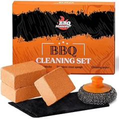 BBQ Moments BBQ Grill Brush with Metal Sponge, Pumice Stone Cleaning 3 Pieces - Grill Cleaner Cleaning Brush Compressed Cleaning Cloth Set