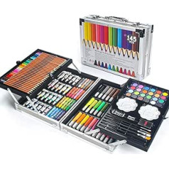 Miaoke 145 Piece Painting Set, Painting Box for Children, Deluxe Mega Aluminium Box & Drawing Kit with Colouring Pencils, Markers, Acrylic Paints, Wax Crayons, HB Pencils, Watercolour Cakes, Brush, 18 Sheet Sketch Pad