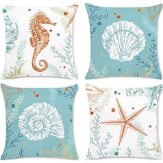 Bonhause 4 spilvenu pārvalku komplekts Ocean Beach 45 x 45 cm Seahorse Starfish Coasts Blue Velvet Mīkstie dekoratīvie spilvenu pārvalki dīvānam Guļamistabai Viesistabai Auto mājas dekorēšanai