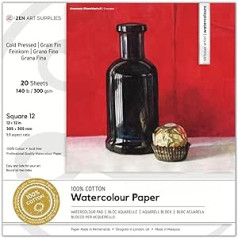 100% Cotton Watercolour Paper 300 gsm - 12 x 12 in (30.5 x 30.5 cm) 20 Sheets Cold Pressing Acid Free Square Professional 2-Sided Bound for Watercolour, Gouache, Ink, Mixed Media by ZenART