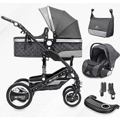 3-in-1 Combination Pushchair with Baby Seat, Buggy, Jogger with Changing Bag, Mosquito Net, Rain Cover, Play Table, Car Seat Footmuff, QuickFold, Aluminium Frame (Black - Anthracite / Anthracite)