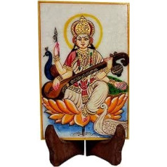 Purpledip 12091 6 x 4-inch Hand Painted Gold Marble Painting Saraswati