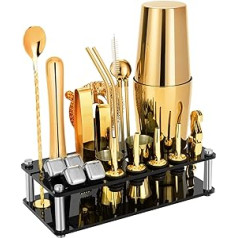 Cocktail Shaker Set, 23-Piece Boston Stainless Steel Bartender Kit with Acrylic Stand & Cocktail Recipes Booklet, Professional Bar Tools for Drink Mixing, Home, Bar, Party - Gold