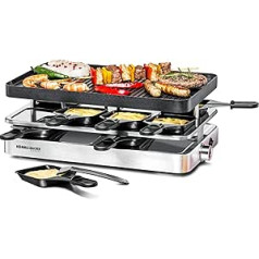 ROMMELSBACHER Raclette Grill RC 1400 — grozāma plāksne grilēšanai un krepēm, 8 pannas, nepiedegošs pārklājums, ieslēgšanas/izslēgšanas slēdzis, vienmērīga temperatūras kontrole, nerūsējošais tērauds, 1200 W