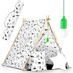 Ricokids Teepee Tent for Children Made of Cotton - Indoor & Outdoor Toy Window Two Cushions Insulation Mat LED Lamp - Wigwam Indian Tent Poplar Wood 116 x 107 x 110 cm White