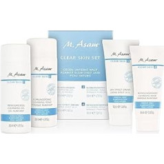 M. Asam Clear Skin komplekts — sejas tīrīšanas komplekts pret pūtītēm un plankumiem, kas ietver tīrīšanas želeju (200 ml), attīrošo toniku (200 ml), 24H iedarbības krēmu (100 ml) un attīrošo masku (100 ml)