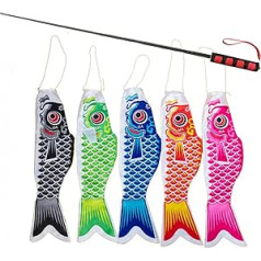 5 x Japanese Carp Windsocks and 1.6m Telescopic Flagpoles, Koinobori Streamers Fish Flag Dragon, Japanese Carp Flag Decor (40cm, Colorful)