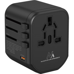 Maclean ceļojumu adapteris, USB barošanas avots, 2xUSB 2.4A + USB-C PD 20W, 8A drošinātājs, ātra un ātra uzlāde, 200 pasaules valstis, MCE