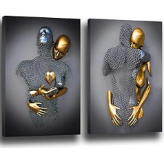 3D Lovers Sculpture Poster Metal Figure Statue Art Canvas Painting Romantic Abstract Posters and Prints Modern Living Room Home Decoration - Without Frame (2 Pieces - 60 x 90 cm, Figure-1)