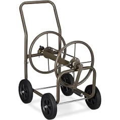 Relaxdays Hose Trolley XL, Mobile Hose Reel, Metal, for 60 m Hose, 4 Wheels, with Crank, 90° Roll, Brown