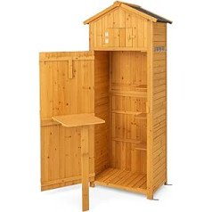 RELAX4LIFE Wooden Tool Shed Garden Cabinet with Saddle Roof, Tool Cabinet with 8 Hooks & 3 Shelves & Foldable Table & Top Shelf, Garden Shed Weatherproof, Tool Cabinet for Outdoor Use, 75 x 50 x 180.5