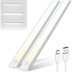 Brendz apakšdaļas apgaismojums virtuves LED, USB-C uzlādējama LED gaismas sloksnes virtuve, 3 krāsu temperatūras, regulējams korpusa apgaismojums, magnētiskā korpusa apgaismojums ar kustības sensoru, 2 x 40 cm, sudrabs