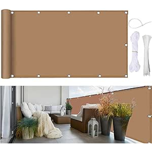 MOZTBH Balcony Privacy Screen, 100% Opaque Balcony Cover Weatherproof UV Protection Sun Protection UV Protection 15 Colours with Cable Tie and Cord for Garden Fence, Khaki, 135 x 900 cm