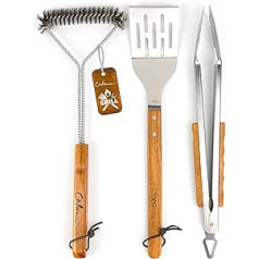 CALUMM Barbecue Cutlery Set 5 Pieces Made of Stainless Steel with Wooden Handle Made of Acacia Wood, Grill Set with Grill Brush, Barbecue Tongs, Grill Spatula and 2 Barbecue Hooks, Extra Long 45 cm