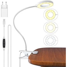 Aisutha Reading Lamp, Gooseneck Reading Lamp, Bed Eye Protection, Clamp Lamp with 3 Modes and 10 Dimming Levels, 70 cm Clamp Light for Office, Home Use, Desk Lamp Includes Adapter, White